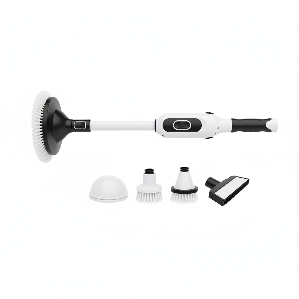 Electric spin scrubber with brush attachments on white background